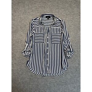 BCX Womens Navy Blue White Striped Roll Tab 3/4 Sleeve Button Down Shirt Small